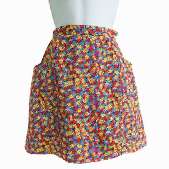 Vintage Dresses & Skirts - Vintage Mini Skirt Pockets Mini Ditsy Floral Wrap Red Blue Yellow Accomplice 3